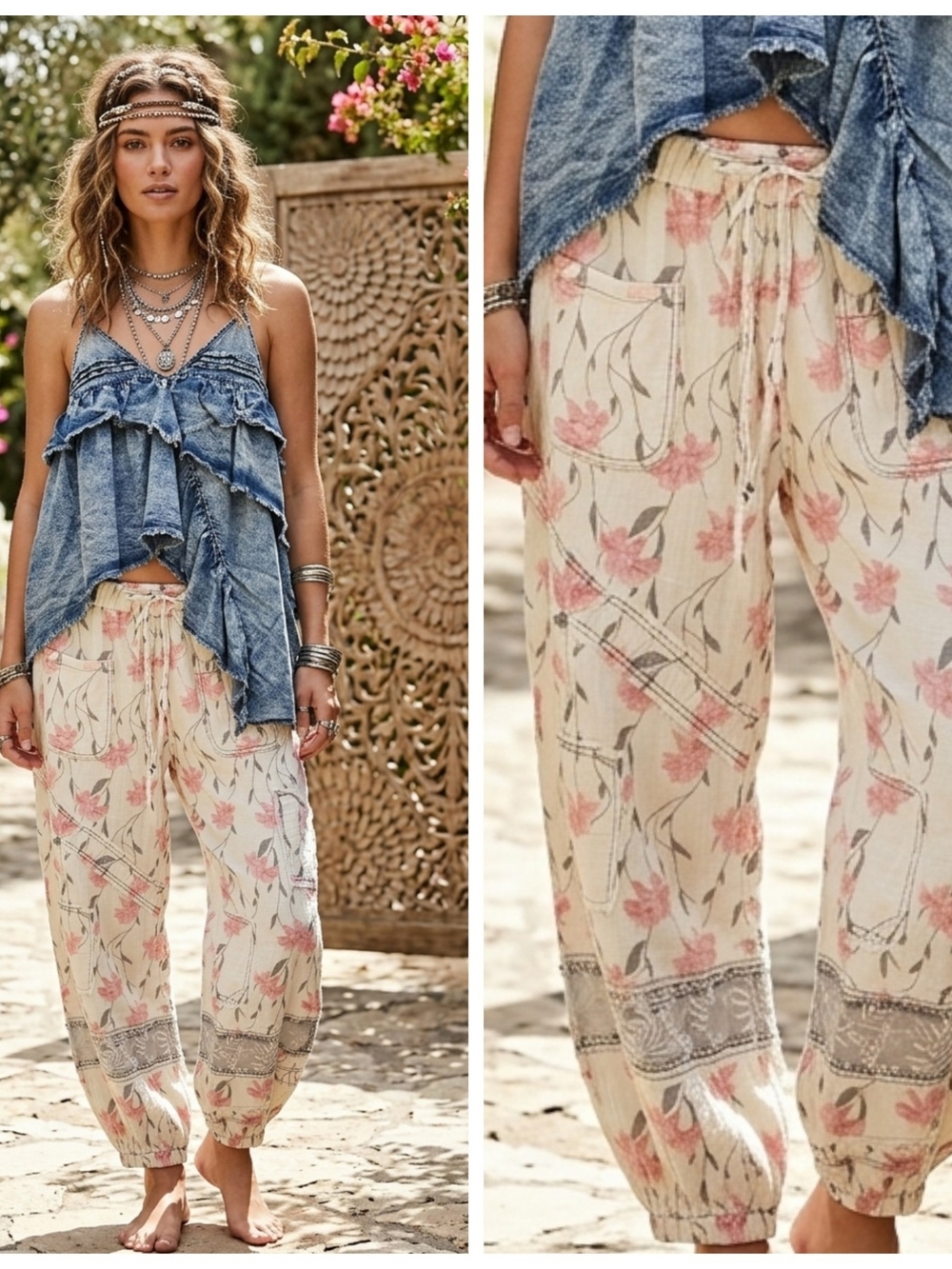 Women's Floral Drawstring Harem Pants - Cream Pink